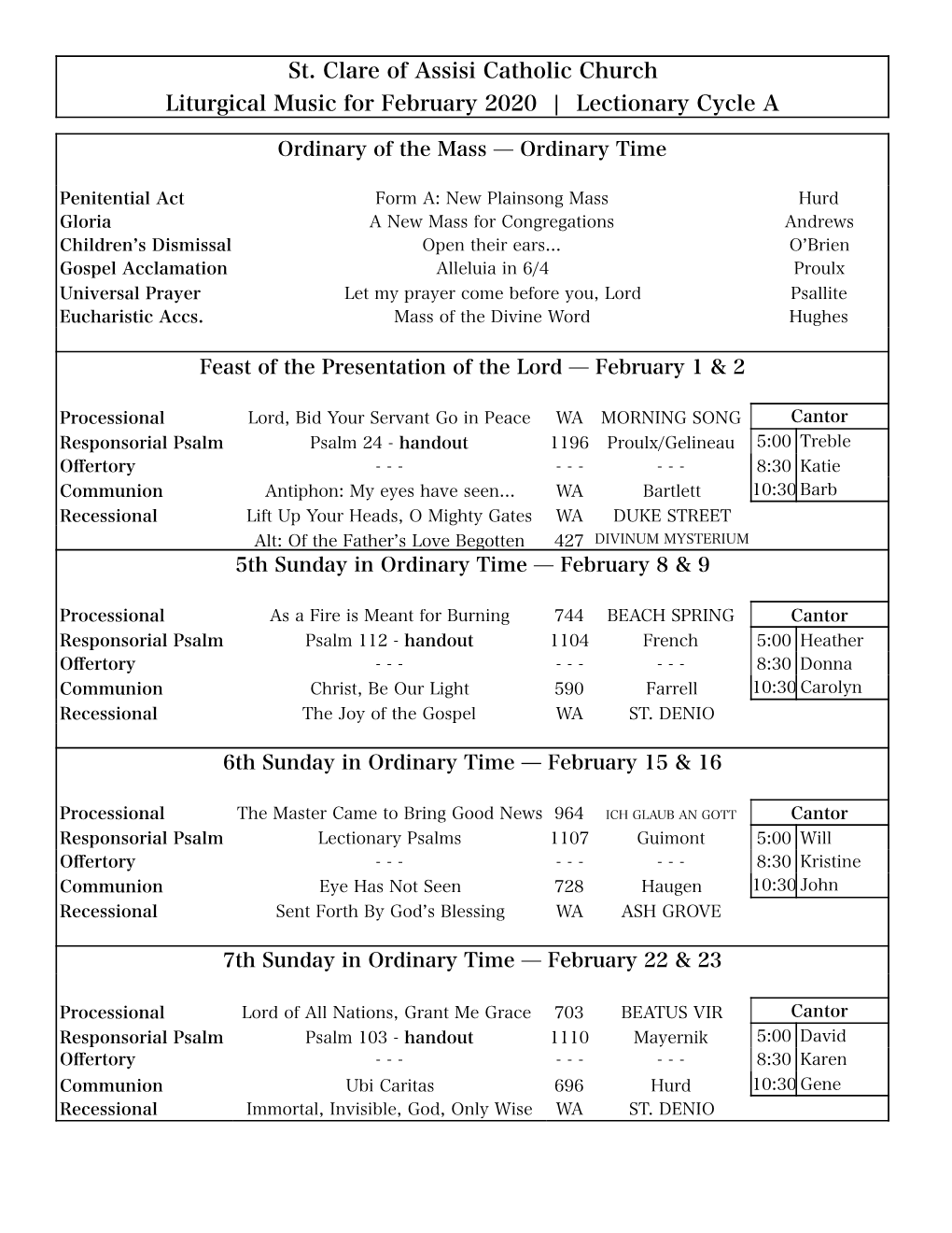 February 2020 | Lectionary Cycle A