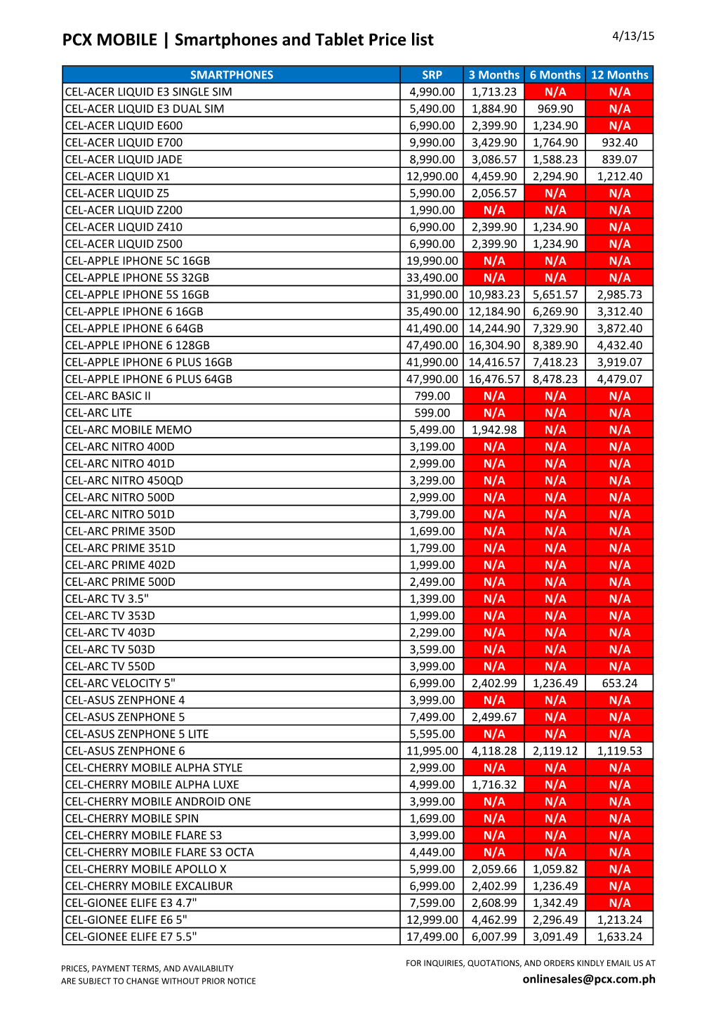 PCX MOBILE | Smartphones and Tablet Price List 4/13/15