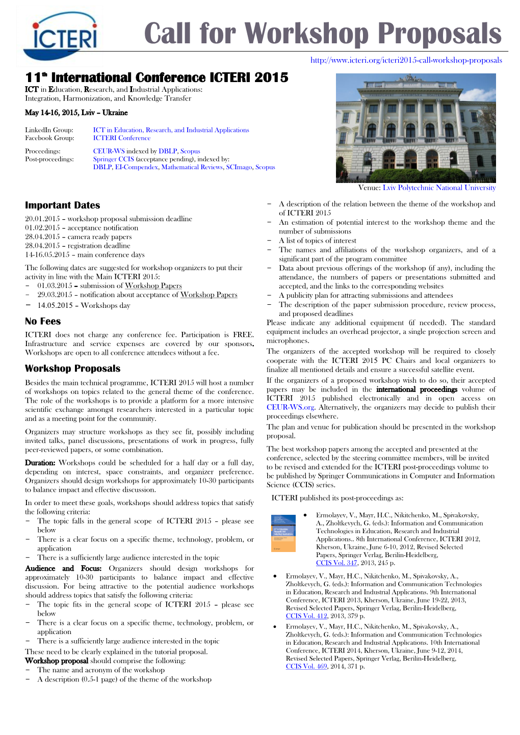 Complete Information for the ICTERI 2015 Call for WORKSHOP Proposals