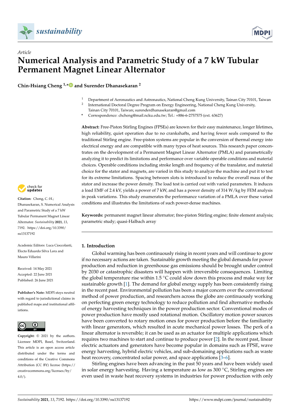 Numerical Analysis and Parametric Study of a 7 Kw Tubular Permanent Magnet Linear Alternator