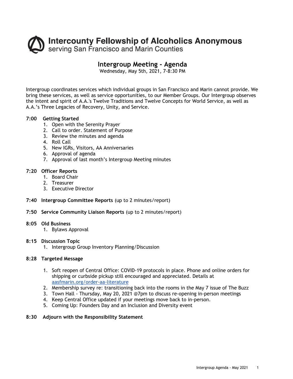 Intergroup Meeting - Agenda Wednesday, May 5Th, 2021, 7-8:30 PM