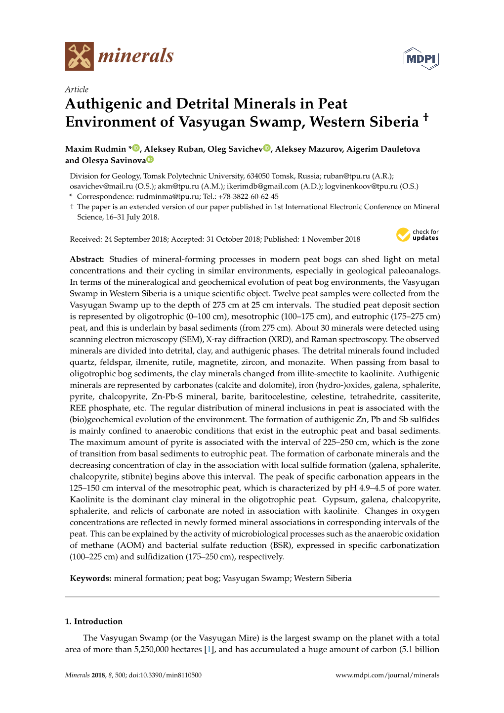 Authigenic and Detrital Minerals in Peat Environment of Vasyugan Swamp, Western Siberia †