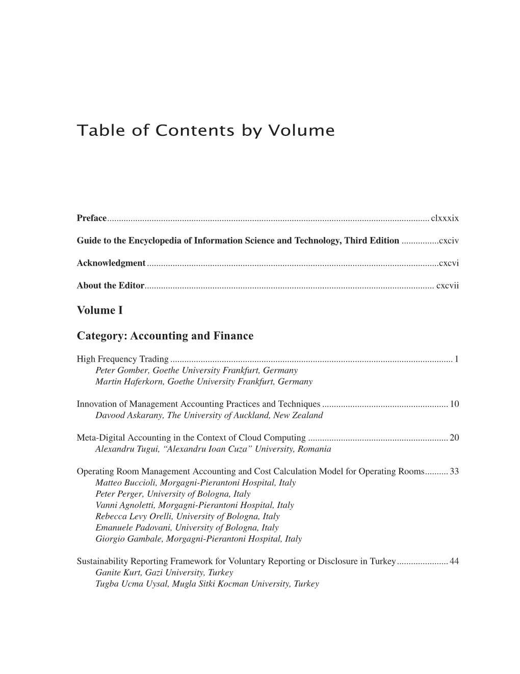 Table of Contents by Volume