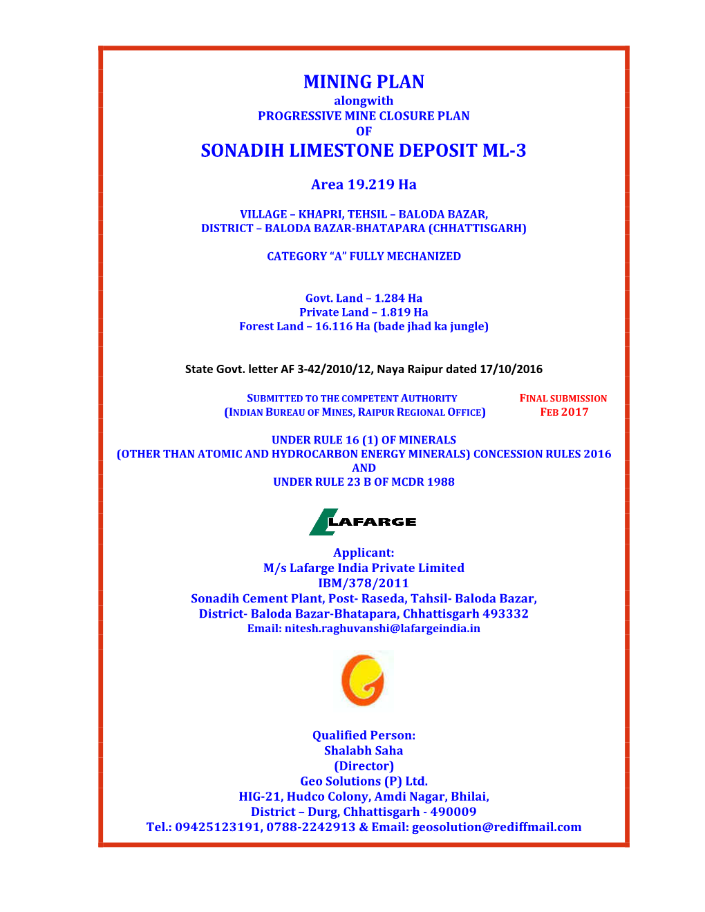 Mining Plan Sonadih Limestone Deposit Ml-3