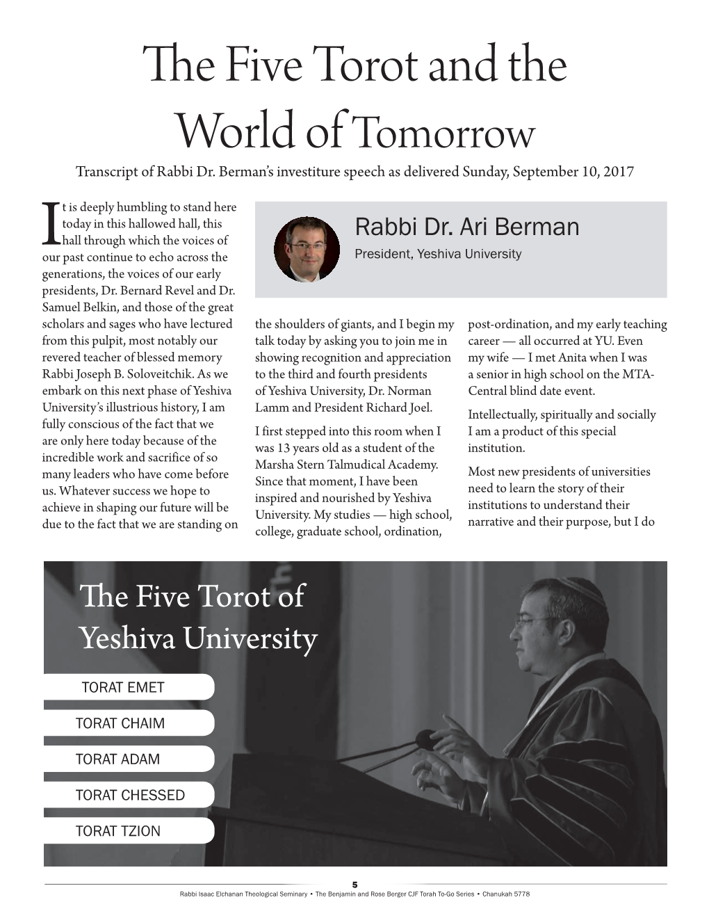 The Five Torot and the World of Tomorrow Transcript of Rabbi Dr