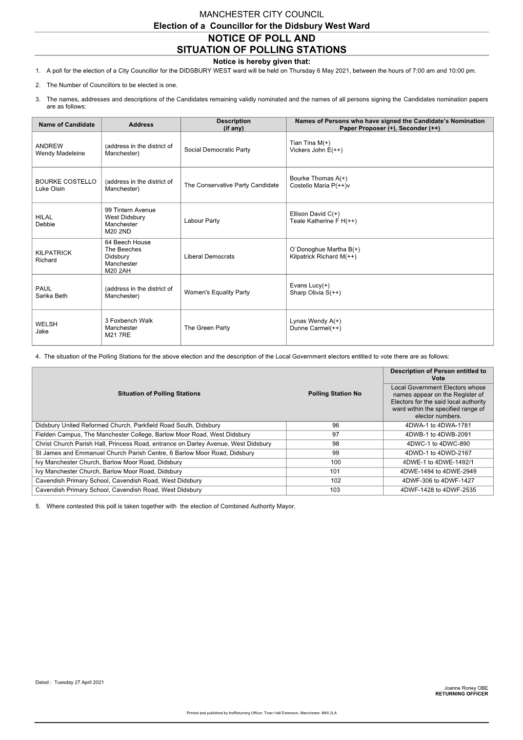 Notice of Poll and Situation of Polling Stations