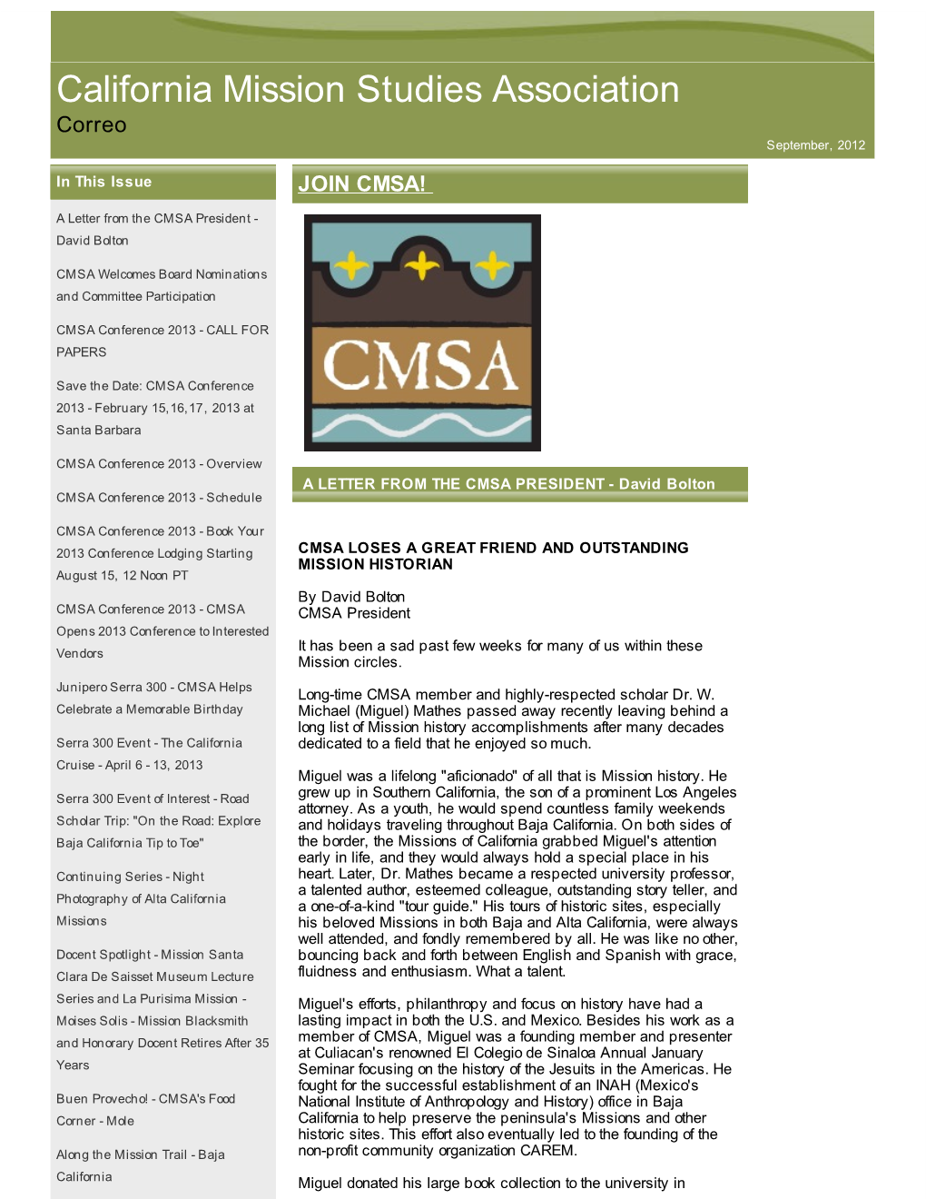 California Mission Studies Association Correo September, 2012