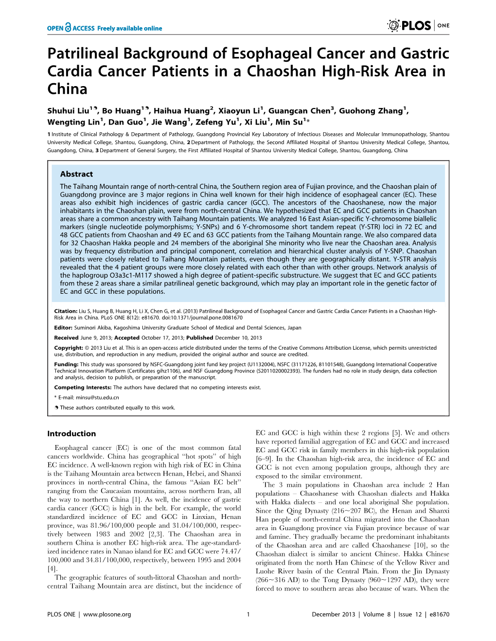 Patrilineal Background of Esophageal Cancer and Gastric Cardia Cancer Patients in a Chaoshan High-Risk Area in China