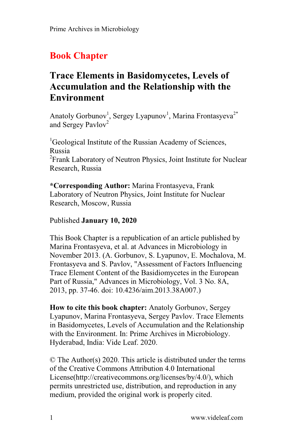 Book Chapter Trace Elements in Basidomycetes, Levels Of