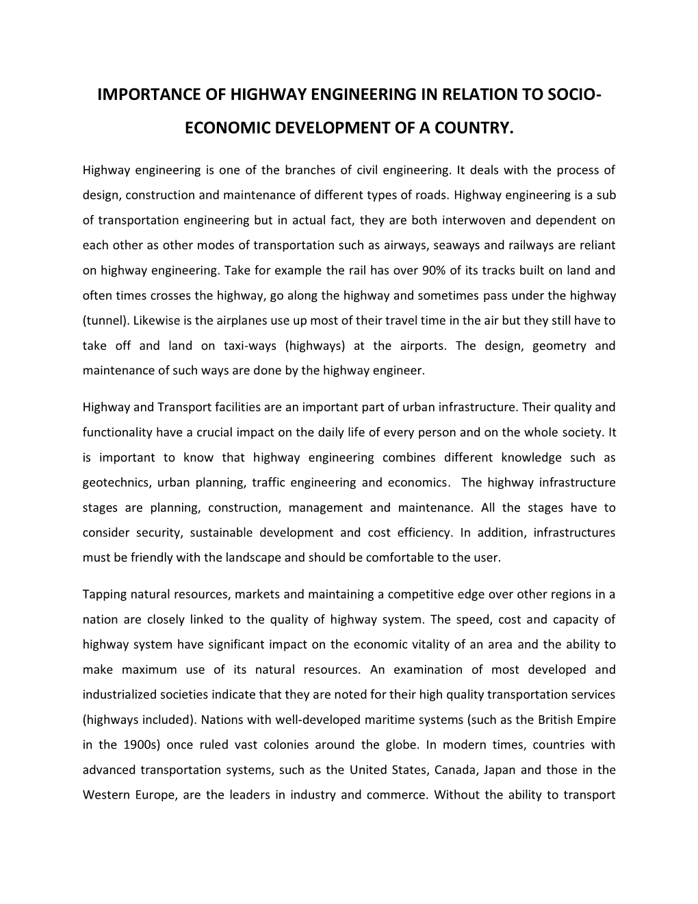 Importance of Highway Engineering in Relation to Socio- Economic Development of a Country