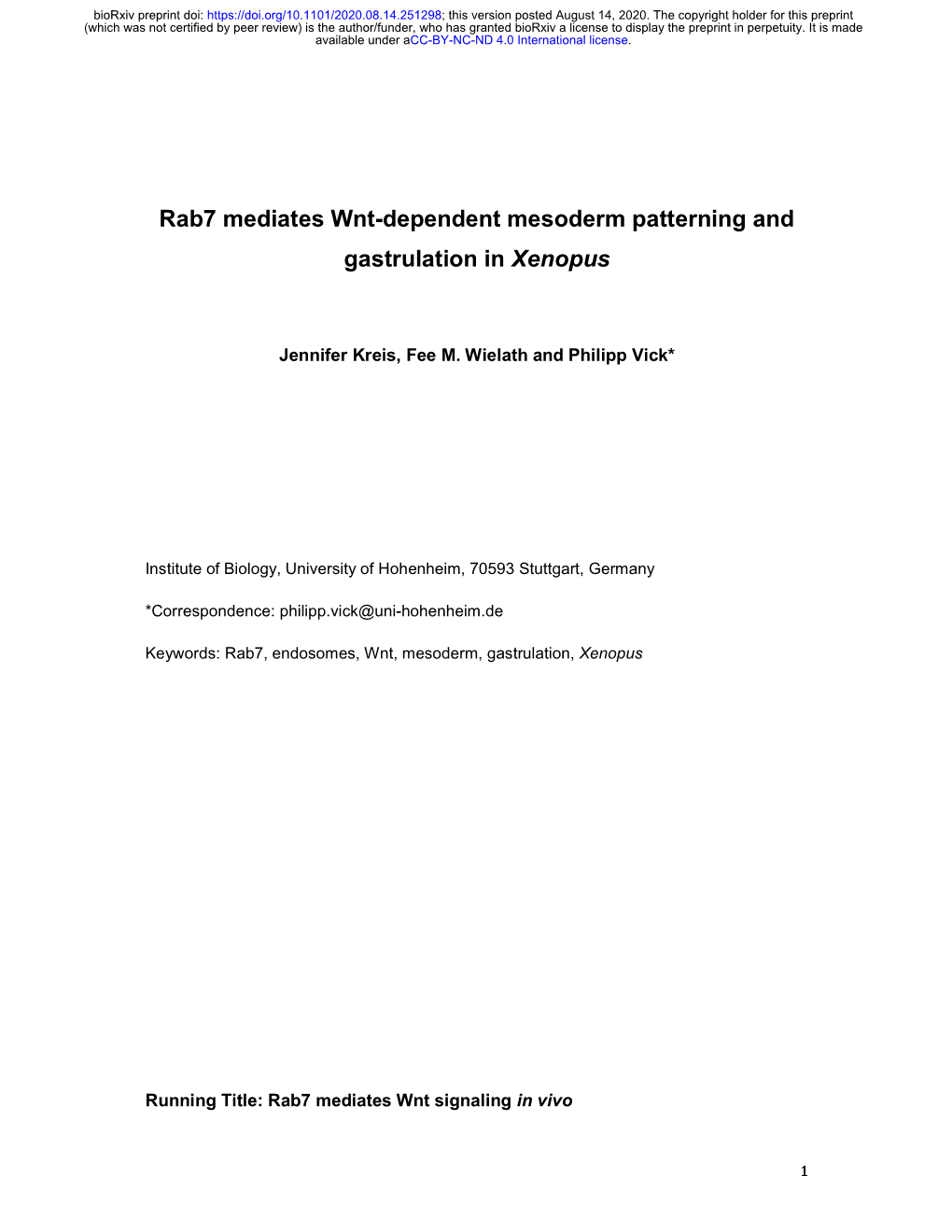 Rab7 Mediates Wnt-Dependent Mesoderm Patterning and Gastrulation in Xenopus