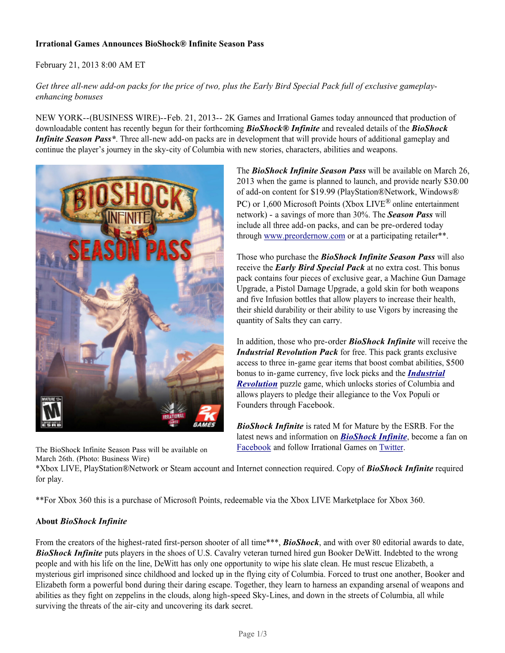 Irrational Games Announces Bioshock® Infinite Season Pass