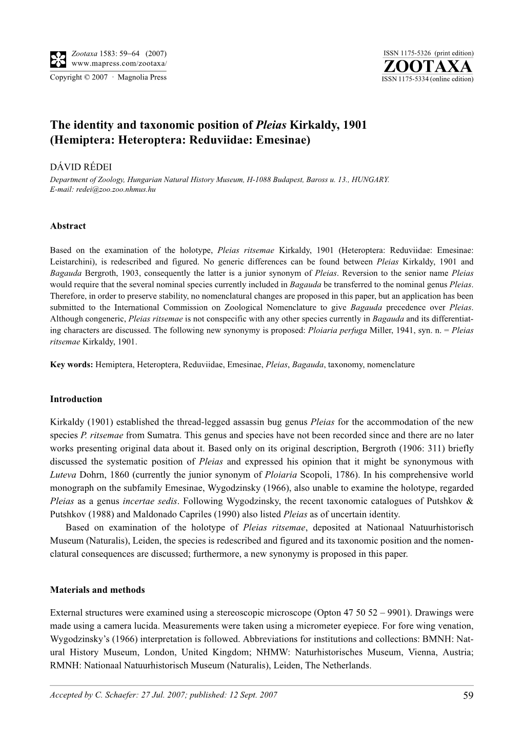 Zootaxa,The Identity and Taxonomic Position of Pleias Kirkaldy, 1901
