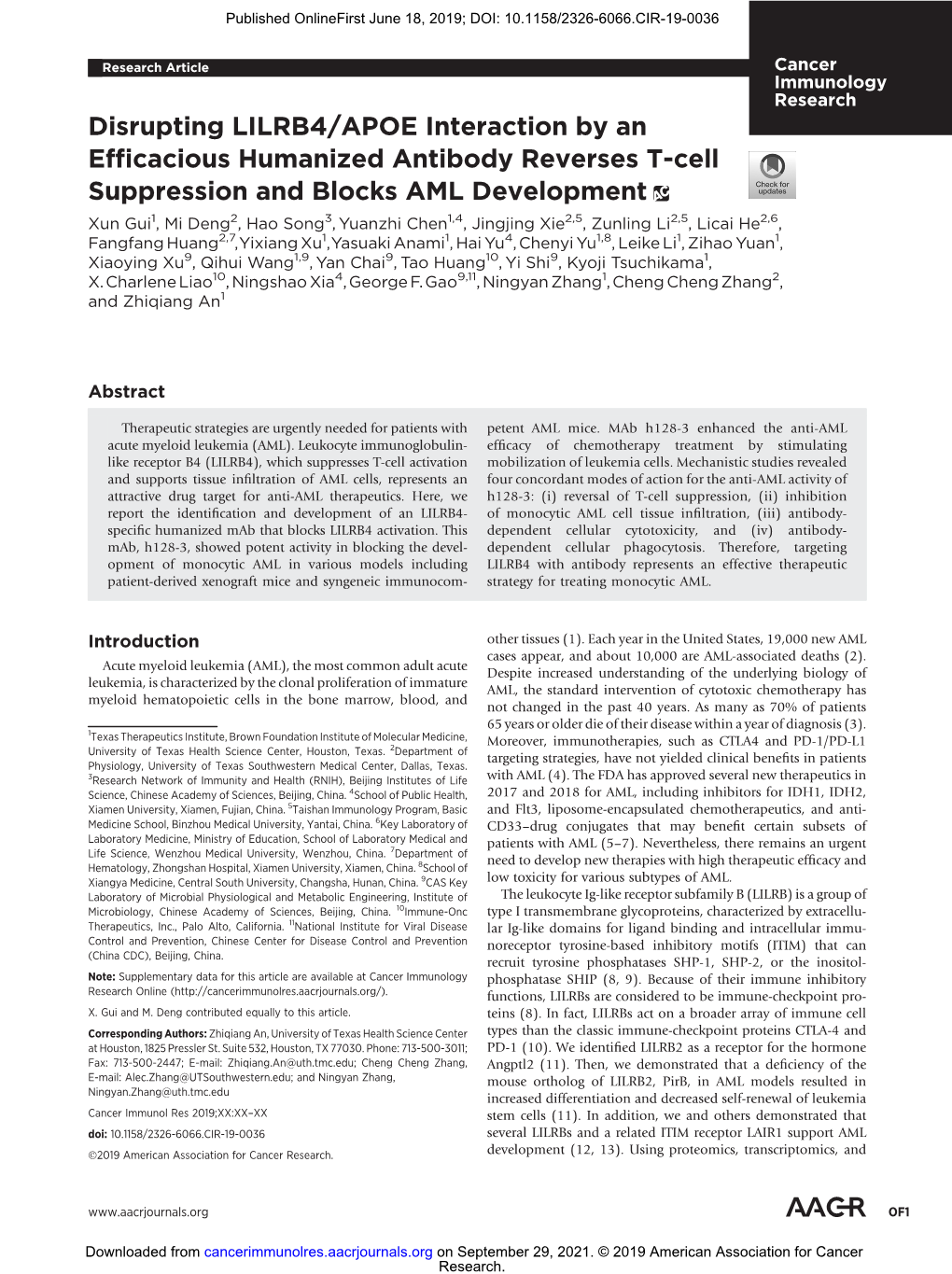 Disrupting LILRB4/APOE Interaction by an Efficacious Humanized Antibody Reverses T-Cell Suppression and Blocks AML Development