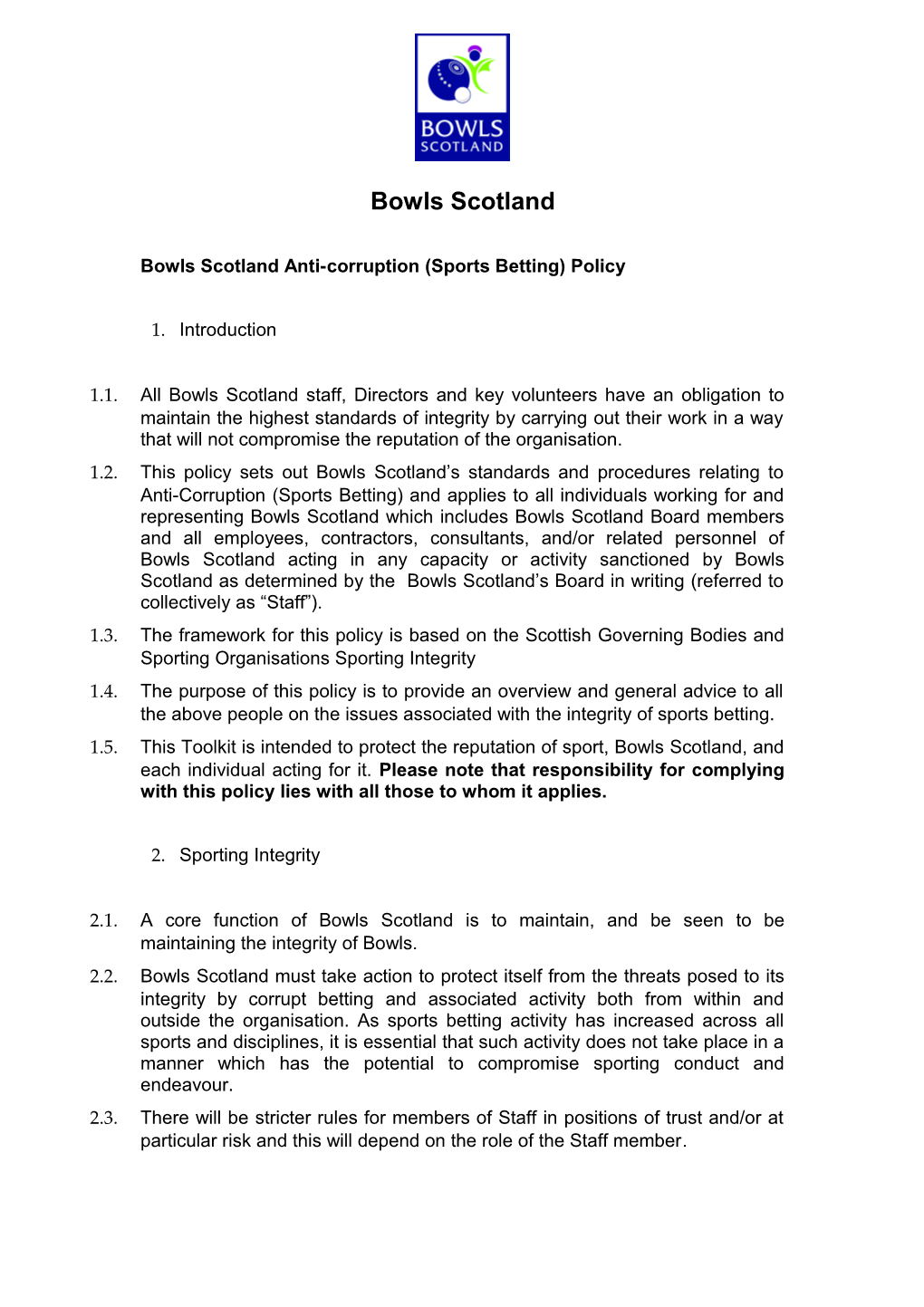 Bowls Scotland Anti-Corruption (Sports Betting) Policy