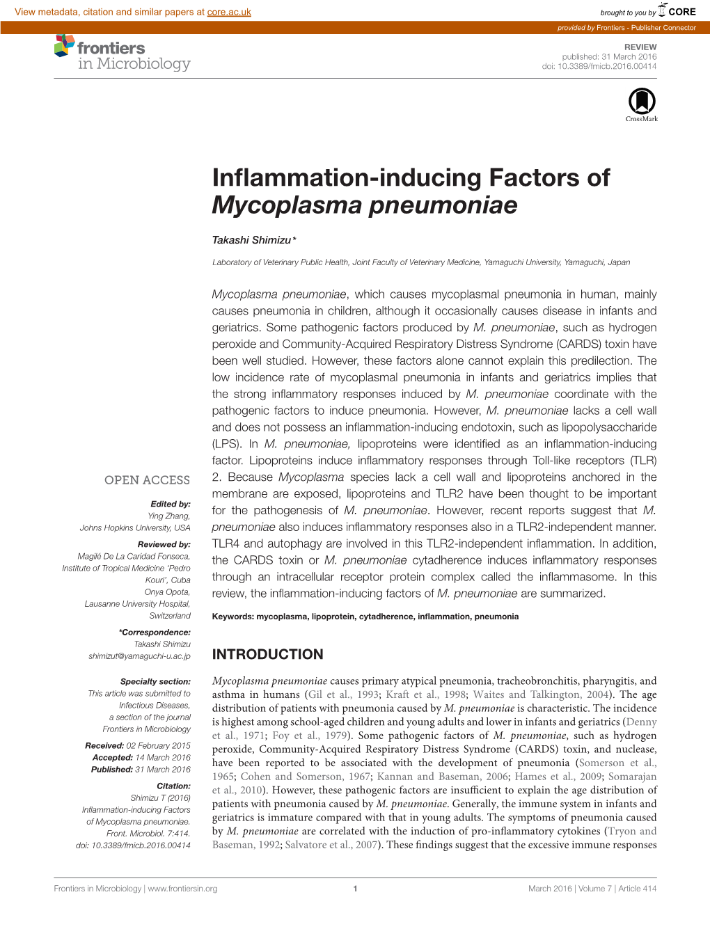 Inflammation-Inducing Factors of Mycoplasma Pneumoniae