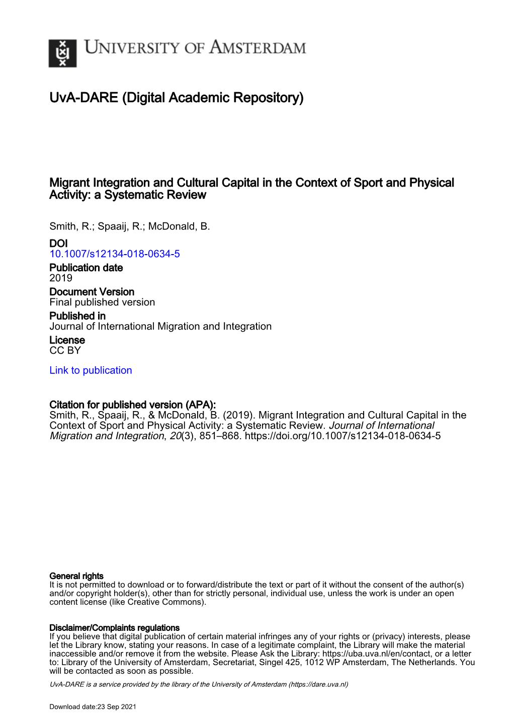 Migrant Integration and Cultural Capital in the Context of Sport and Physical Activity: a Systematic Review