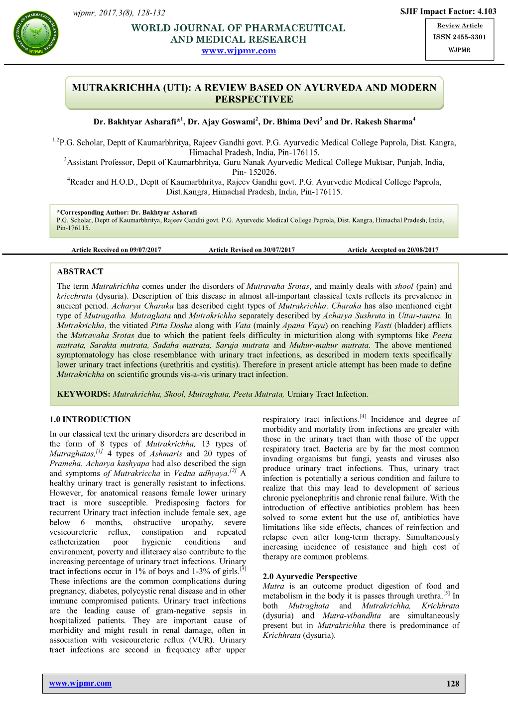 Mutrakrichha (Uti): a Review Based on Ayurveda and Modern Perspectivee