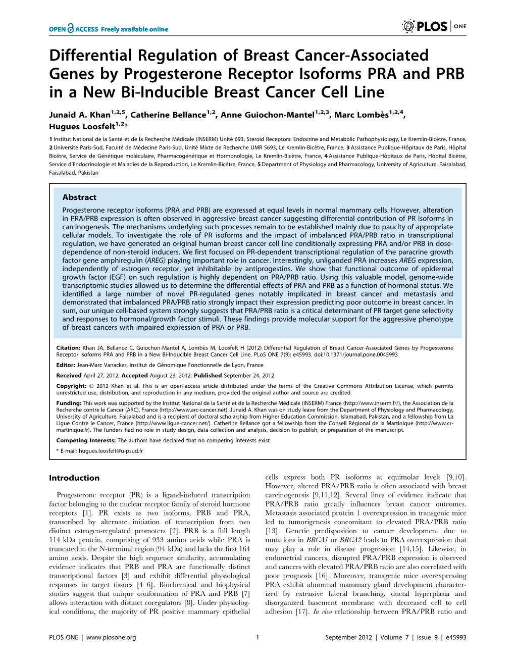 Differential Regulation of Breast Cancer-Associated Genes by Progesterone Receptor Isoforms PRA and PRB in a New Bi-Inducible Breast Cancer Cell Line