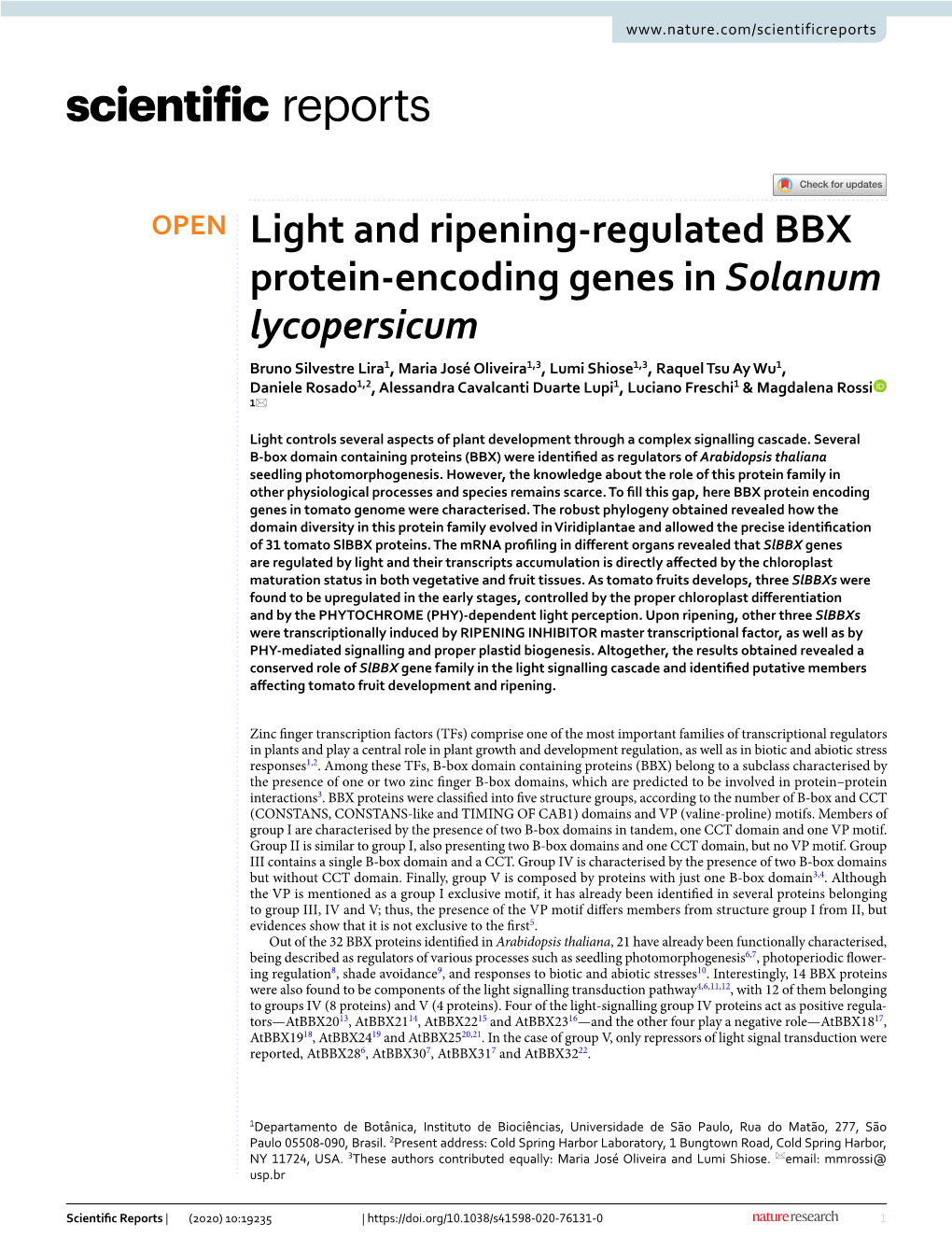 Light and Ripening-Regulated BBX Protein-Encoding Genes in Solanum Lycopersicum