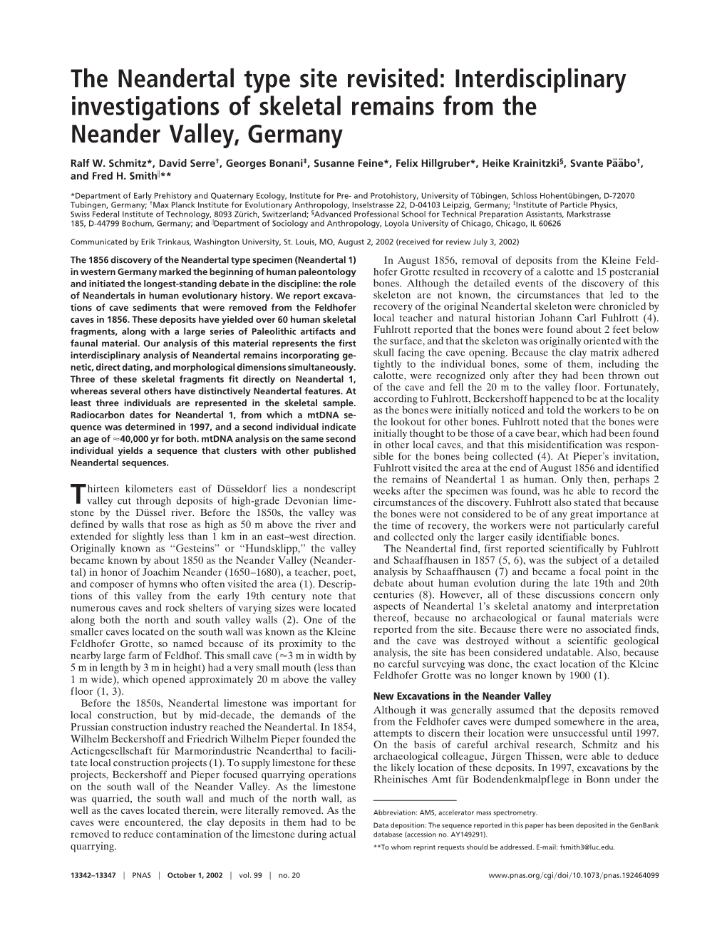 The Neandertal Type Site Revisited: Interdisciplinary Investigations of Skeletal Remains from the Neander Valley, Germany