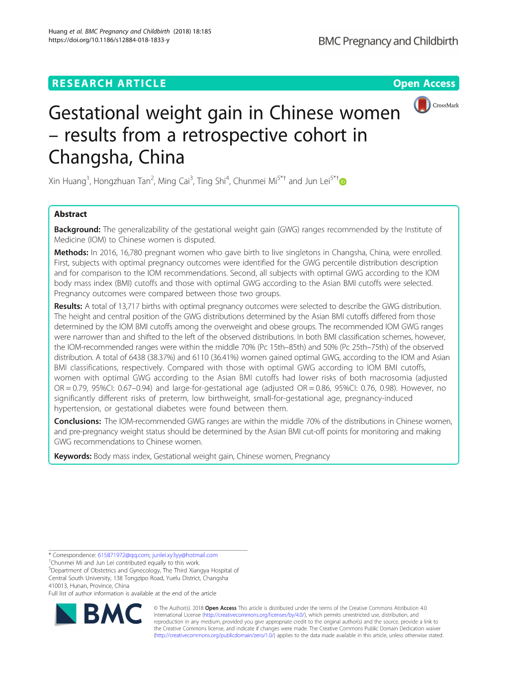 Gestational Weight Gain in Chinese Women -- Results from A