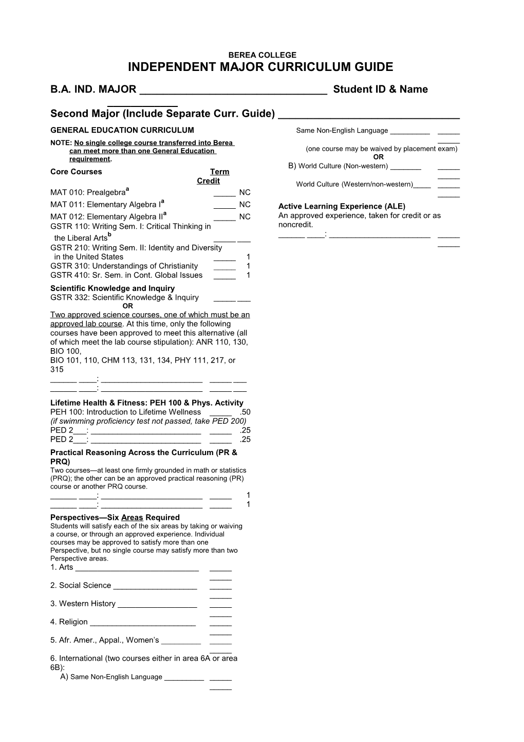 Independent Major Curriculum Guide