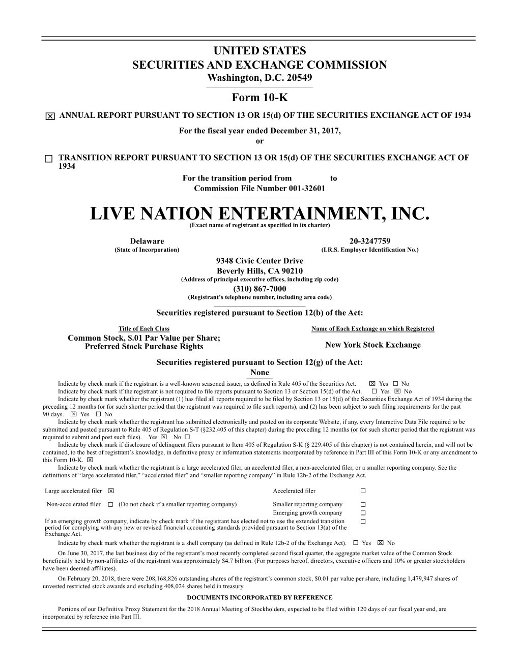 LIVE NATION ENTERTAINMENT, INC. (Exact Name of Registrant As Specified in Its Charter)