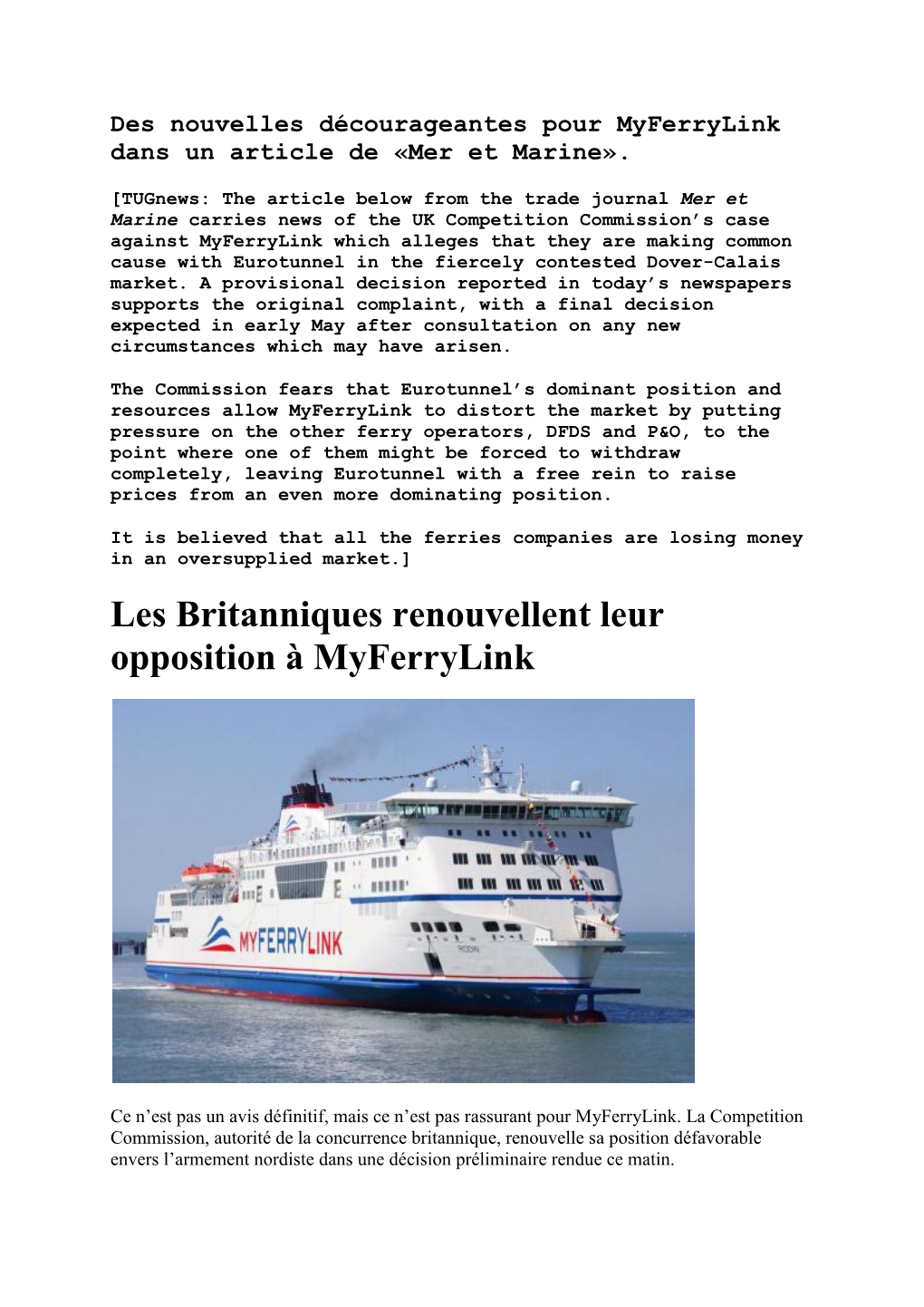 Les Britanniques Renouvellent Leur Opposition À Myferrylink