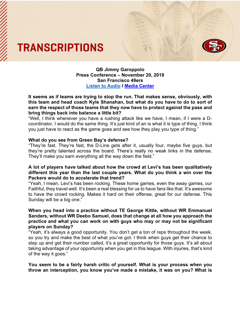 QB Jimmy Garoppolo Press Conference – November 20, 2019 San Francisco 49Ers Listen to Audio I Media Center