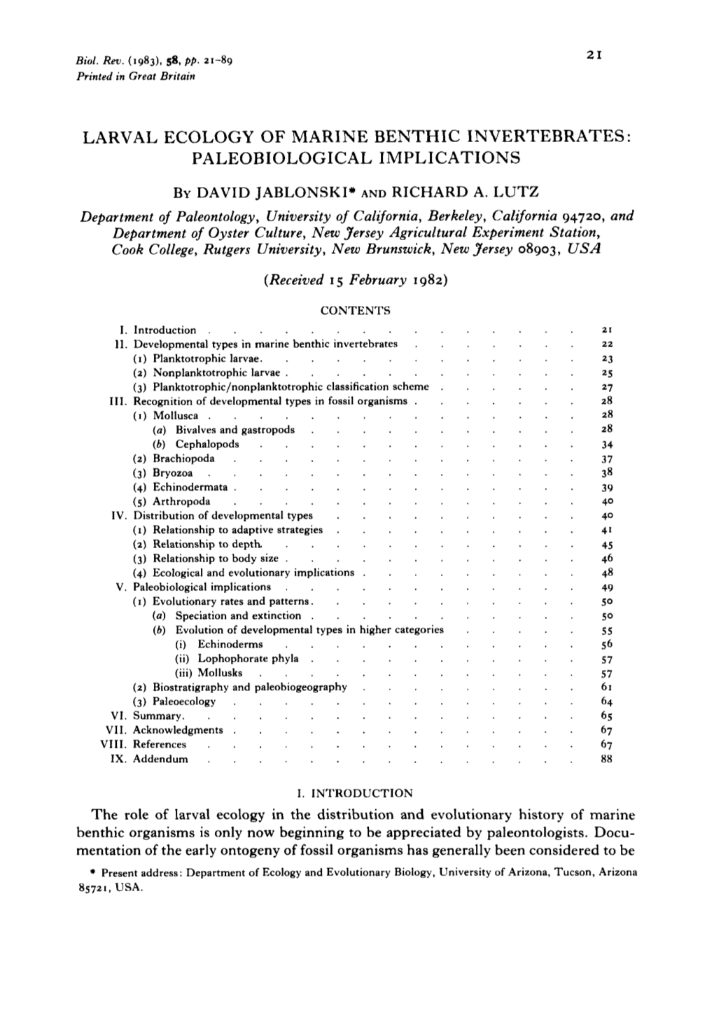 Larval Ecology of Marine Benthic Invertebrates: Paleobiological Implications