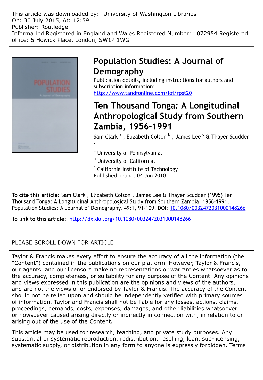 Population Studies: a Journal of Demography Ten