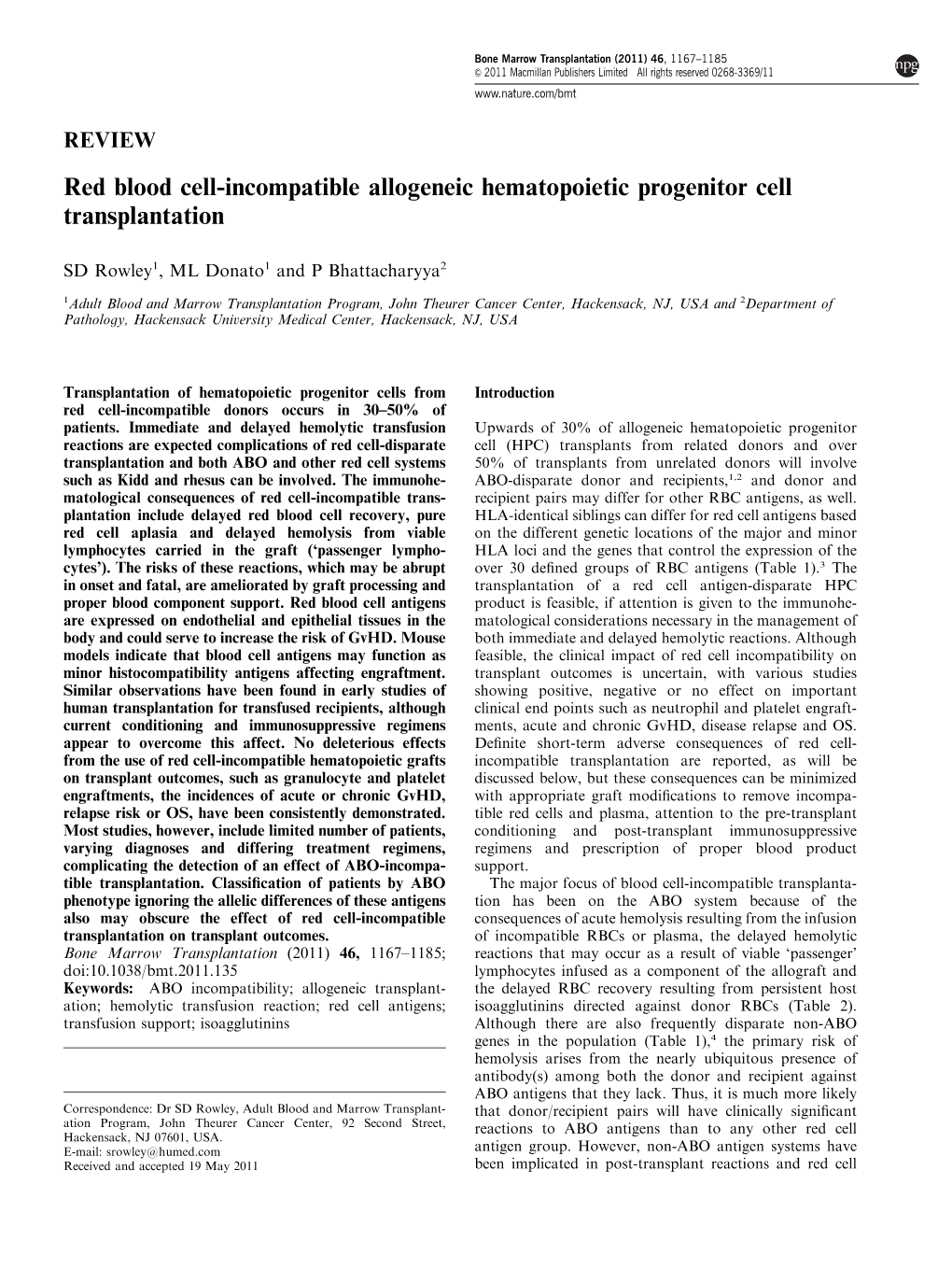 Red Blood Cell-Incompatible Allogeneic Hematopoietic Progenitor Cell Transplantation