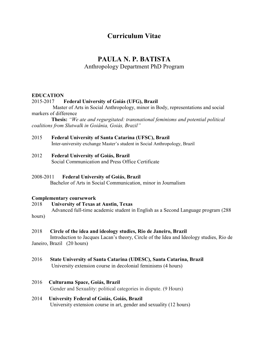 Curriculum Vitae PAULA N. P. BATISTA