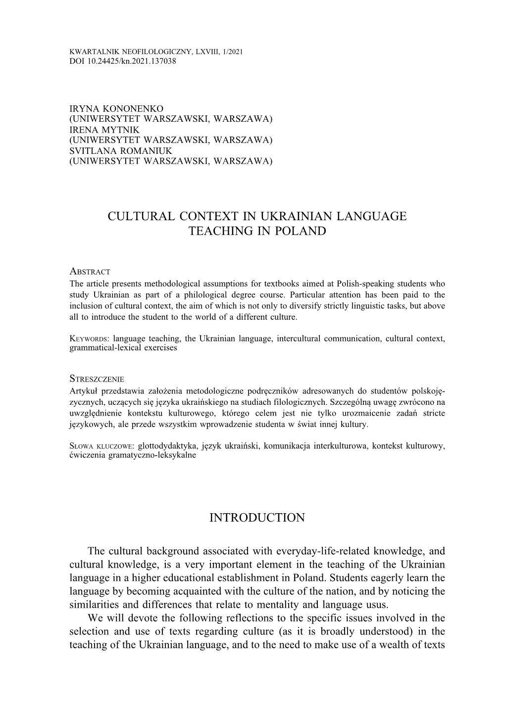 Cultural Context in Ukrainian Language Teaching in Poland