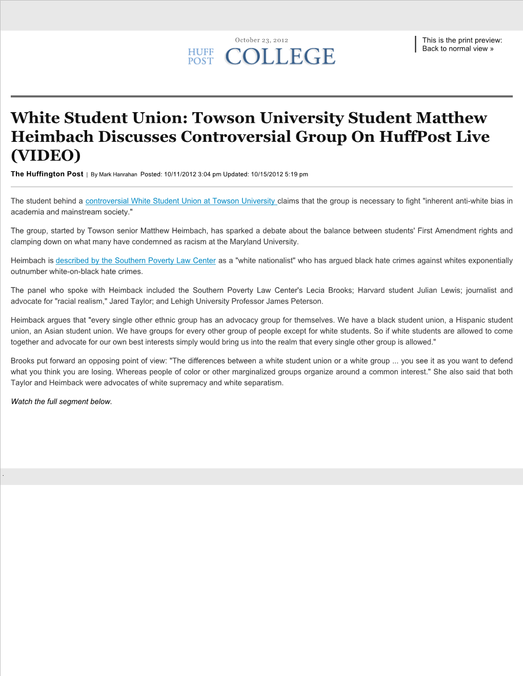 White Student Union: Towson University Student Matthew Heimbach Discusses Controversial Group on Huffpost Live (VIDEO)