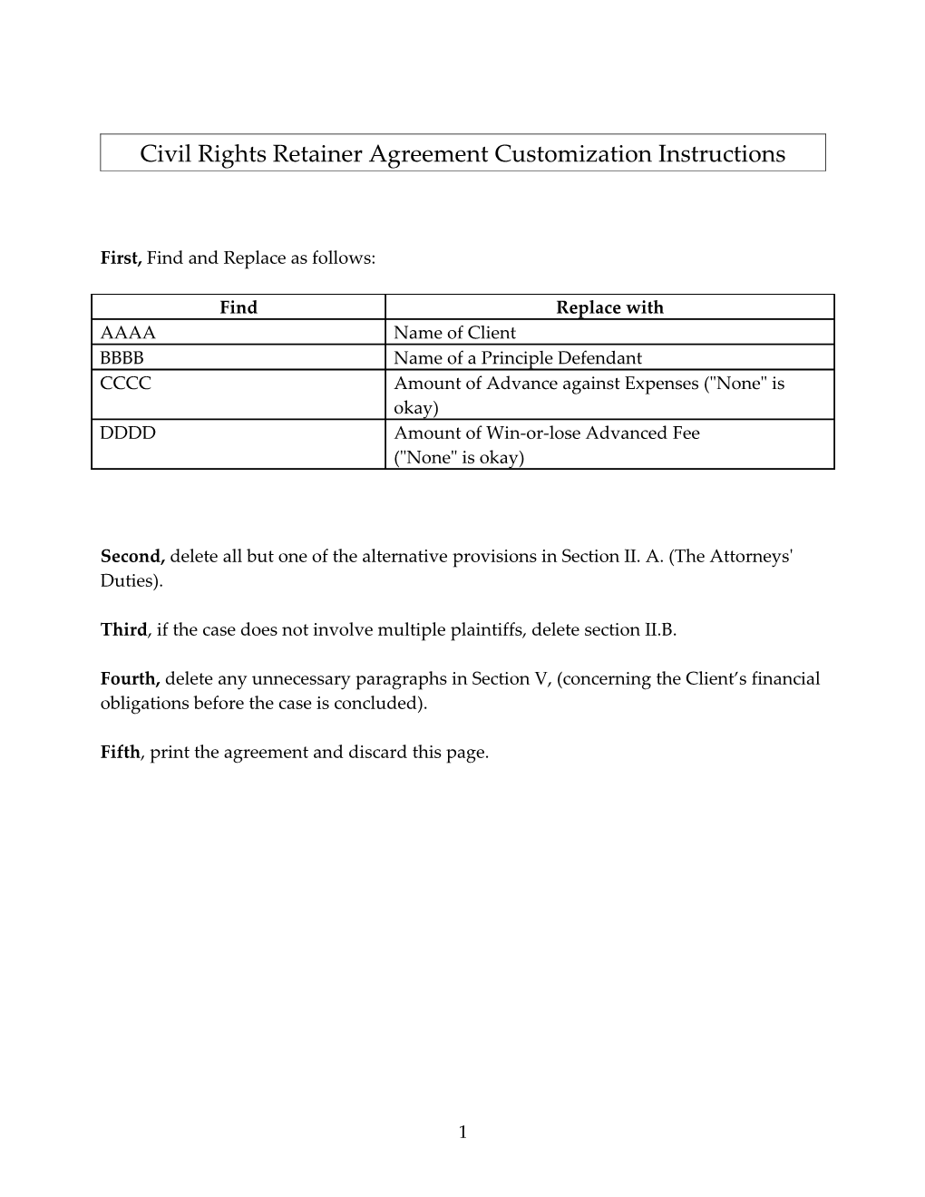 Civil Rights Retainer Agreement Customization Instructions