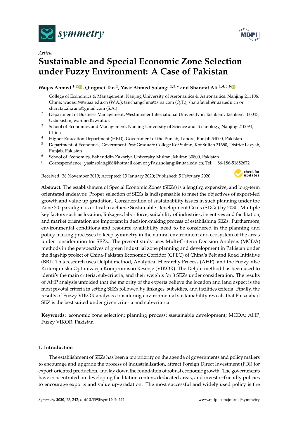 Sustainable and Special Economic Zone Selection Under Fuzzy Environment: a Case of Pakistan