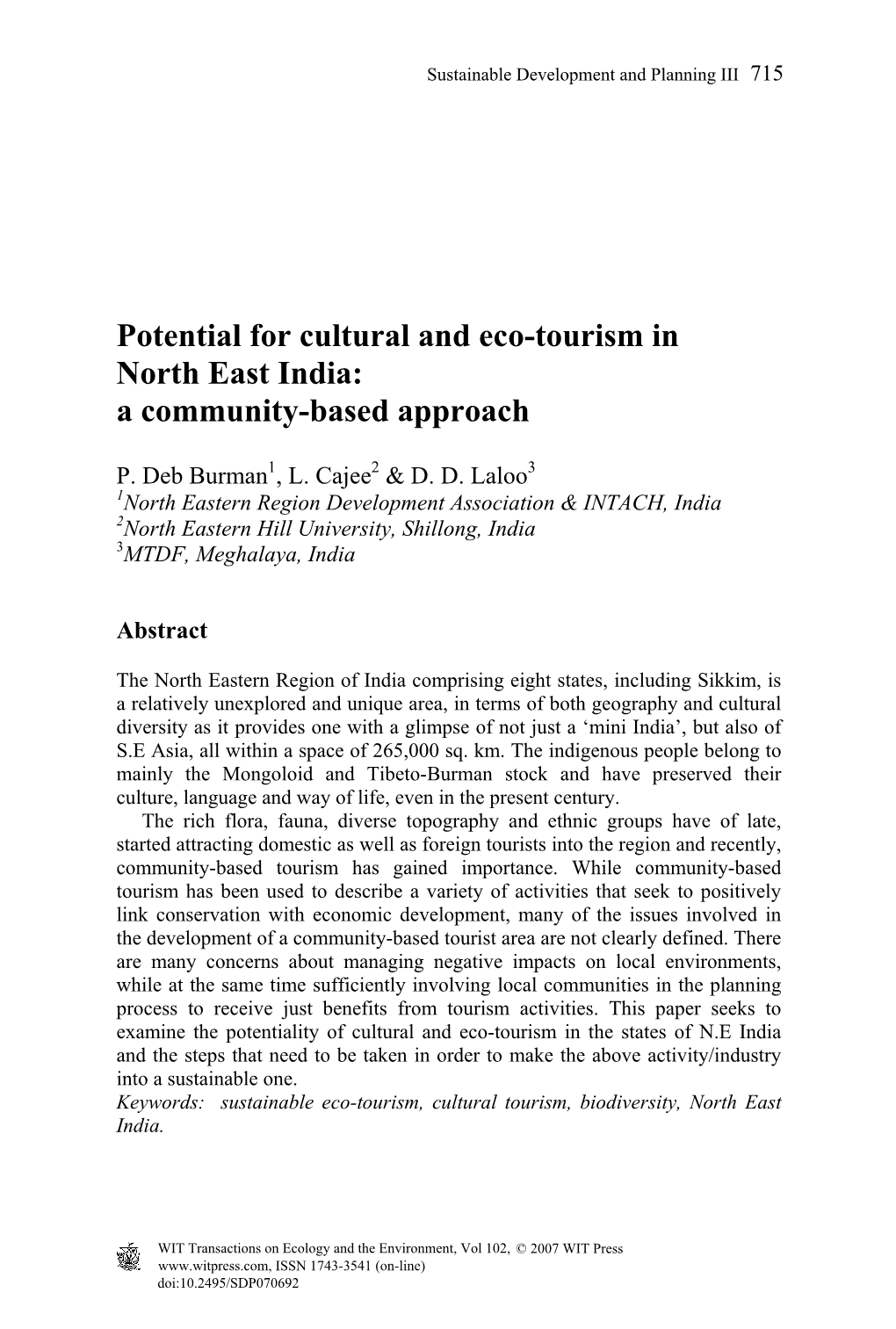 Potential for Cultural and Eco-Tourism in North East India: a Community-Based Approach