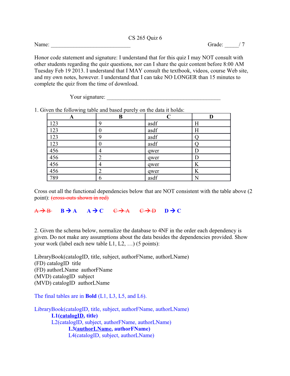 Honor Code Statement and Signature: I Understand That for This Quiz I May NOT Consult With