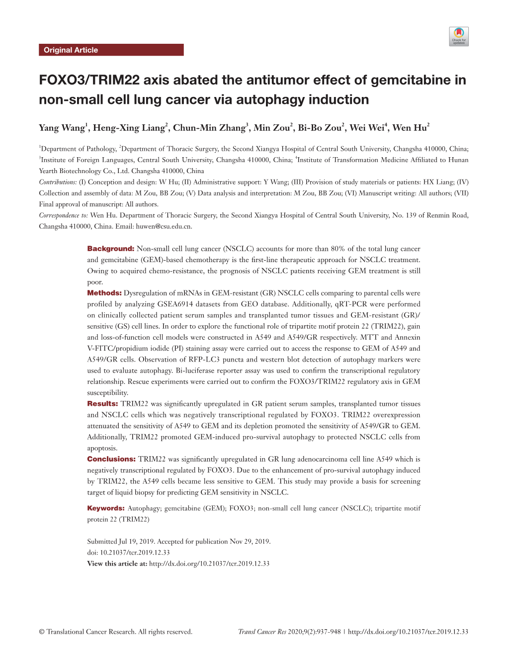 FOXO3/TRIM22 Axis Abated the Antitumor Effect of Gemcitabine in Non-Small Cell Lung Cancer Via Autophagy Induction