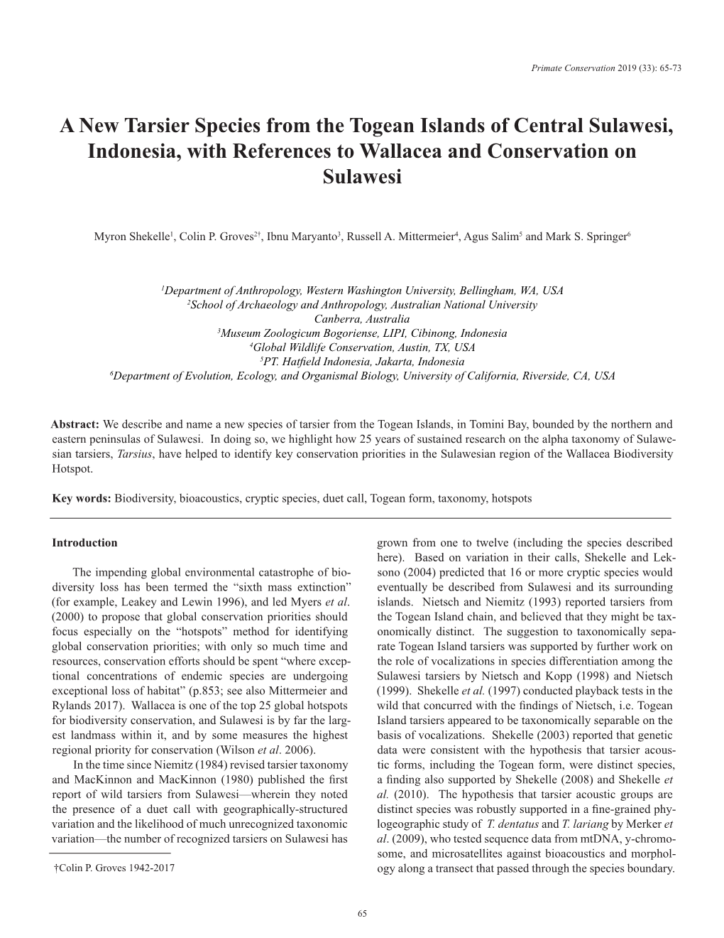 A New Tarsier Species from the Togean Islands of Central Sulawesi, Indonesia, with References to Wallacea and Conservation on Sulawesi