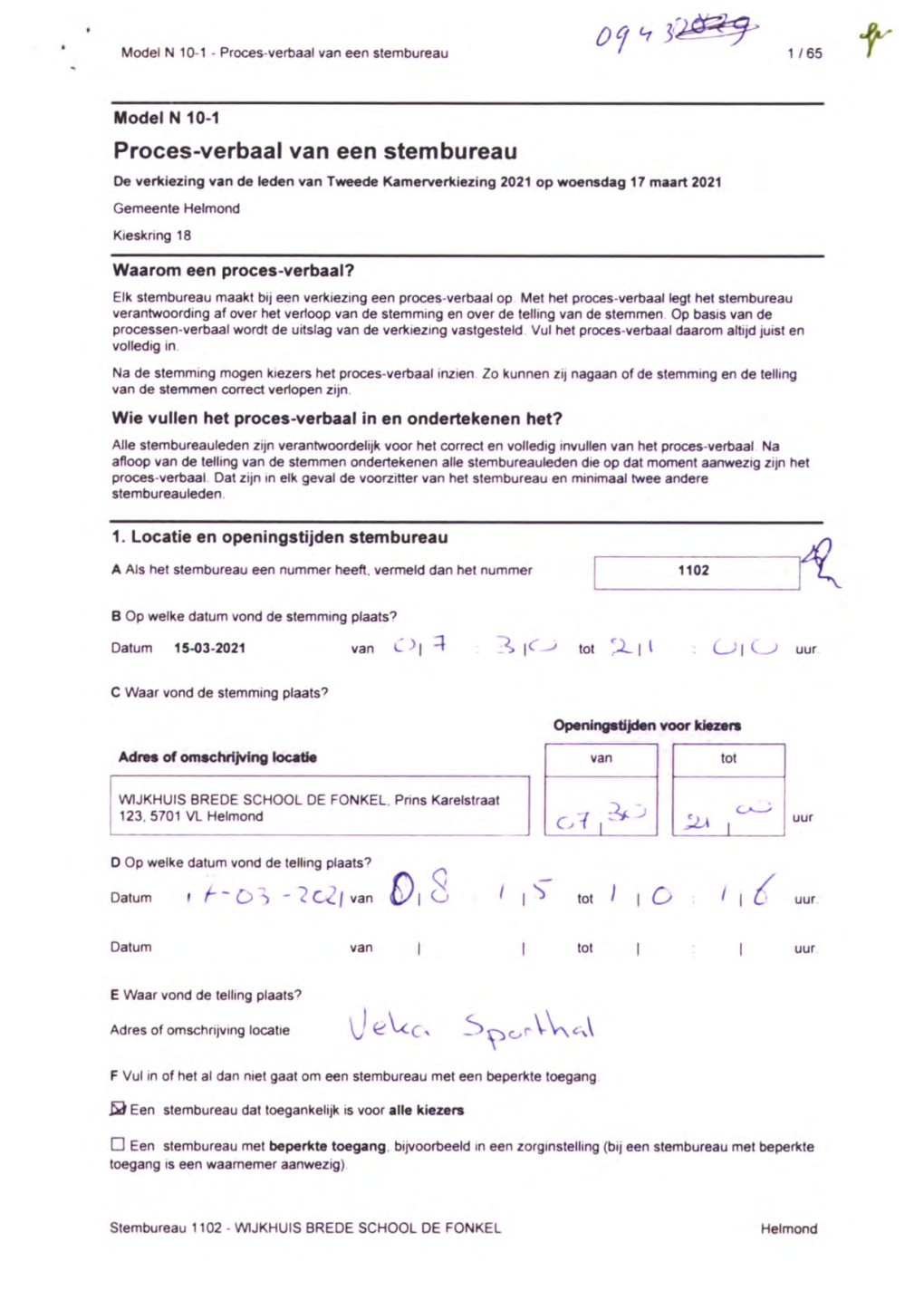 Proces-Verbaal Van Een Stembureau 1 / 65 F