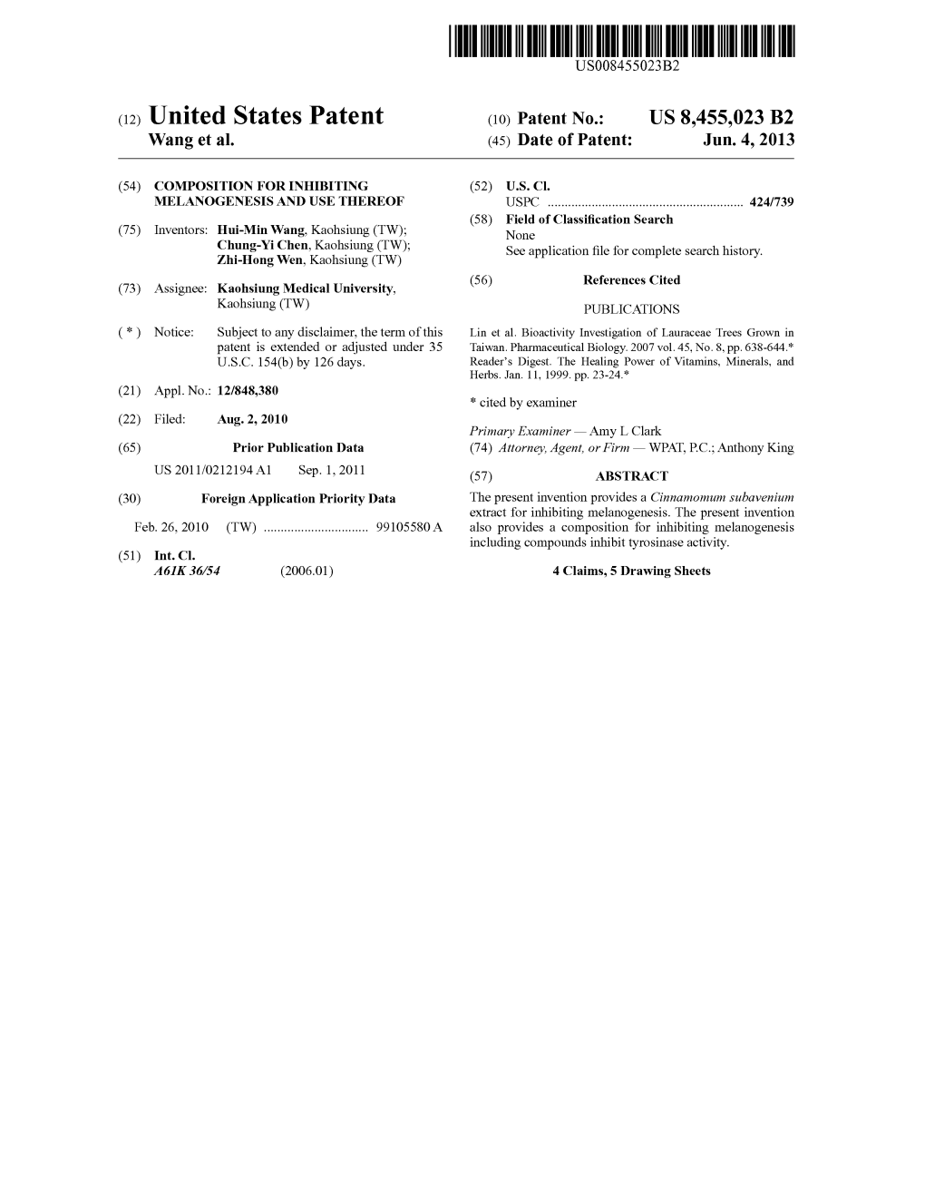 (12) United States Patent (10) Patent No.: US 8,455,023 B2 Wang Et Al