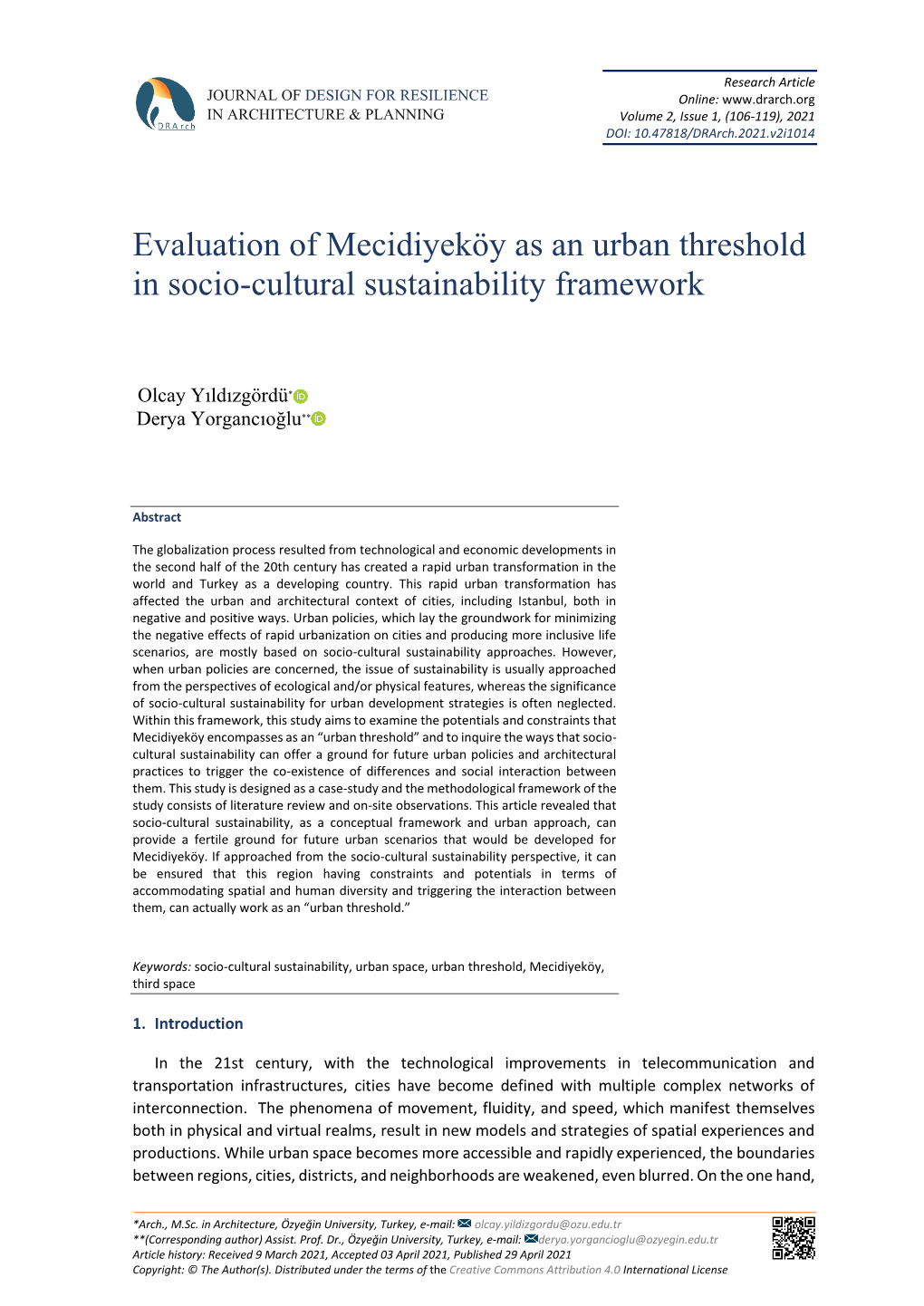 Evaluation of Mecidiyeköy As an Urban Threshold in Socio-Cultural Sustainability Framework