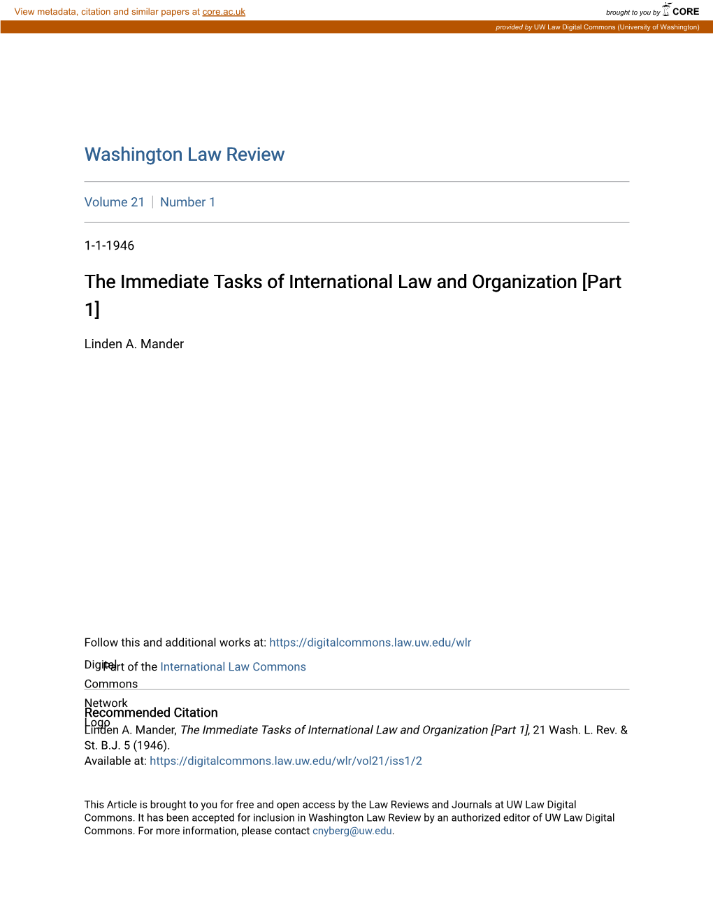 The Immediate Tasks of International Law and Organization [Part 1]