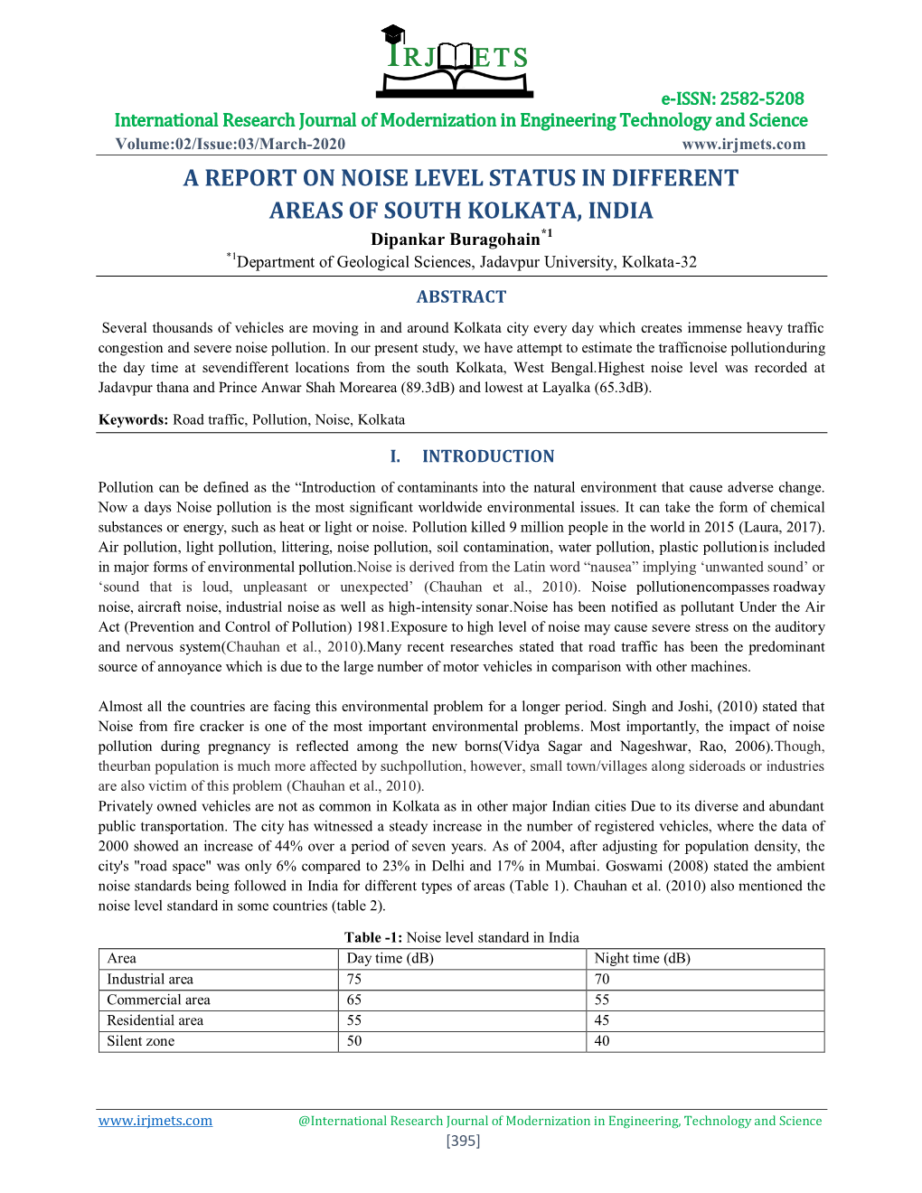 A Report on Noise Level Status in Different Areas Of