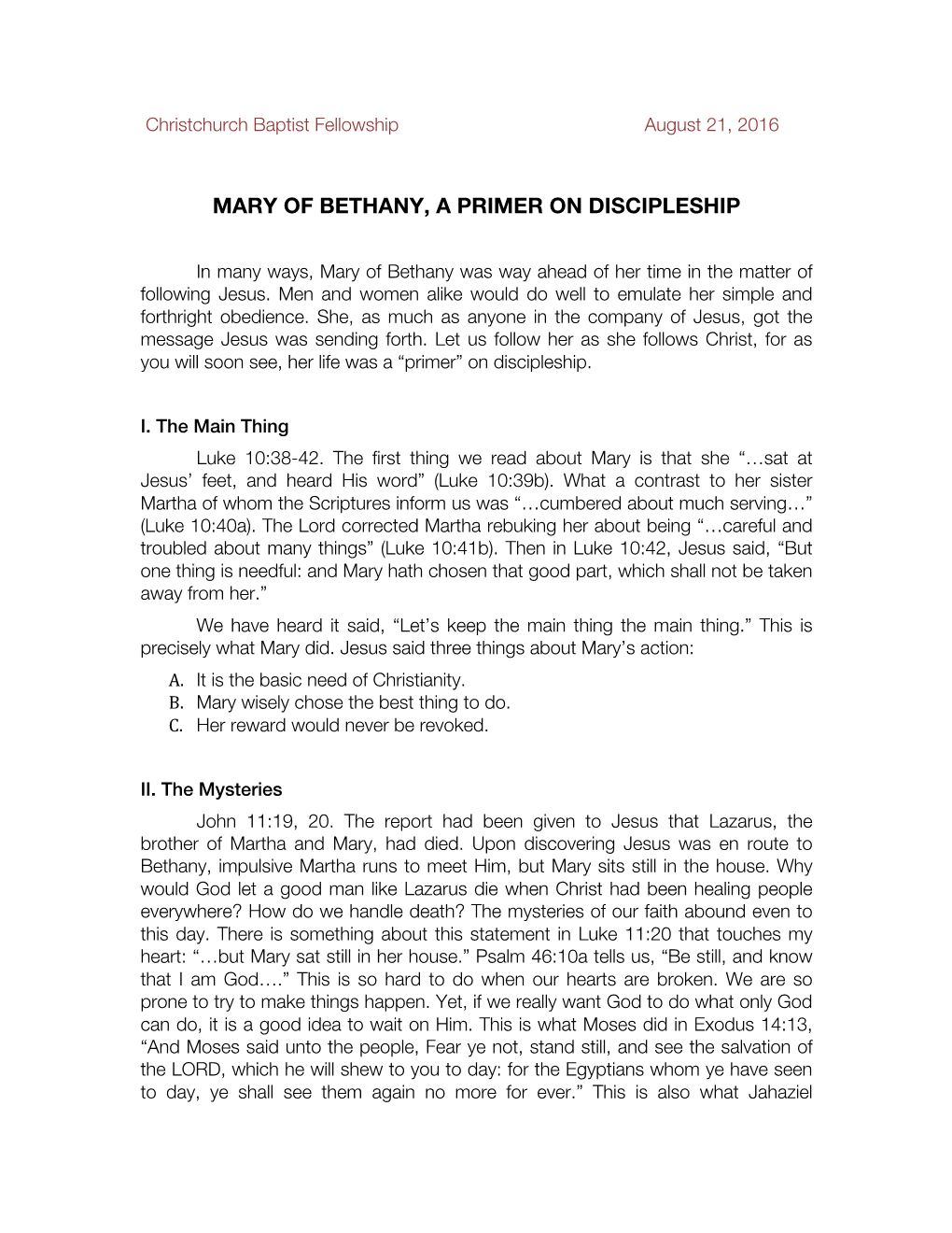 Mary of Bethany, a Primer on Discipleship