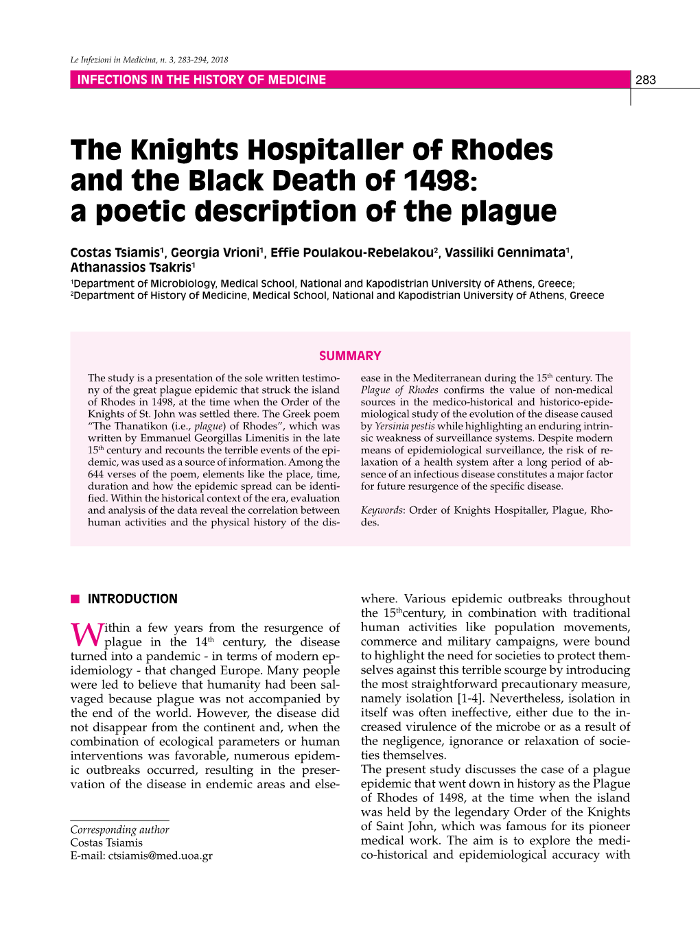 The Knights Hospitaller of Rhodes and the Black Death of 1498: a Poetic Description of the Plague