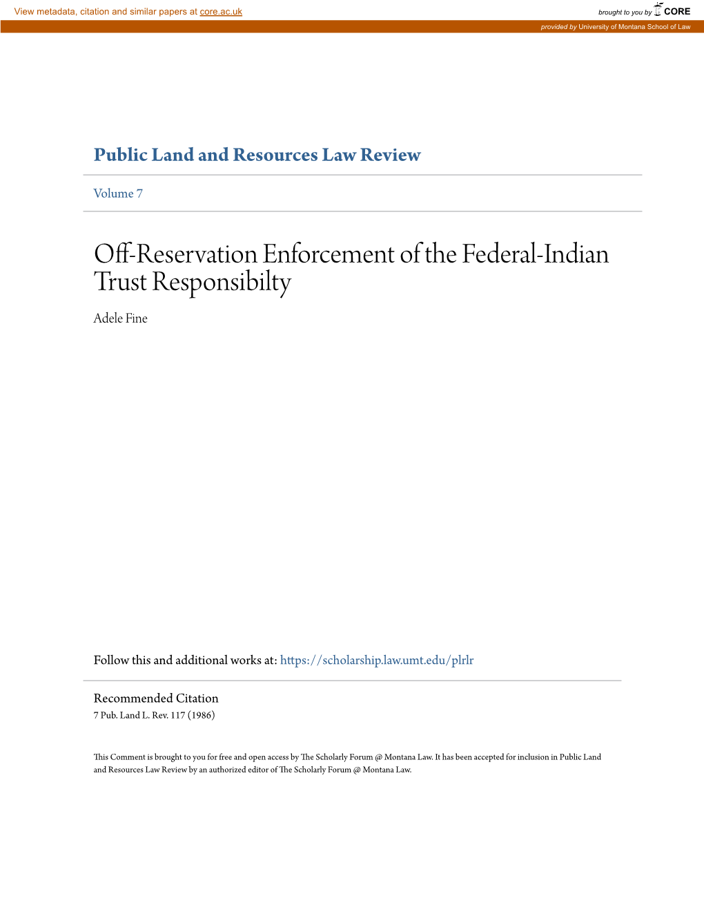 Off-Reservation Enforcement of the Federal-Indian Trust Responsibilty Adele Fine